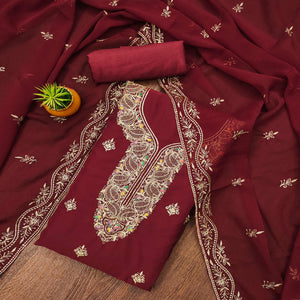 Maroon Floral Embroidered Georgette Dress Material
