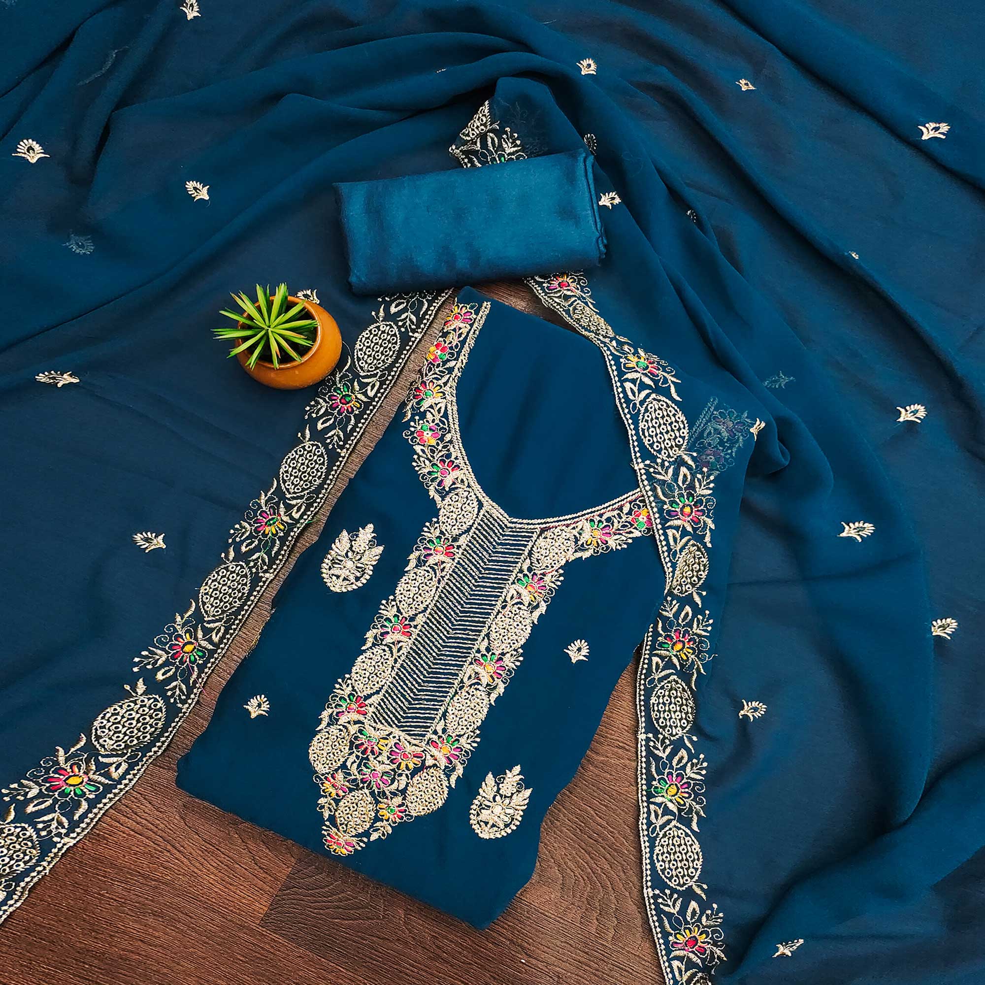 Blue Designer Georgette Dress Material Adorned With Intricate Floral Embroidery