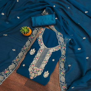 Blue Designer Georgette Dress Material Adorned With Intricate Floral Embroidery