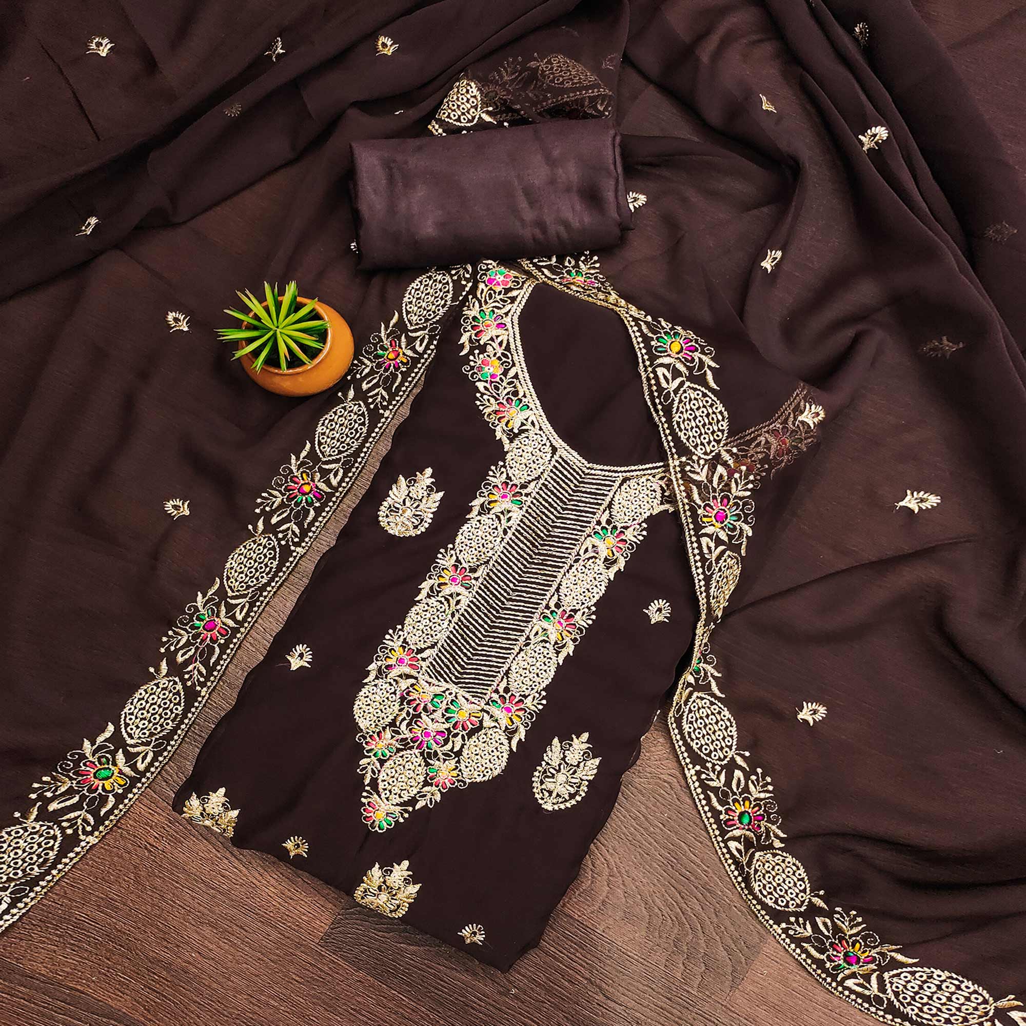 Brown Designer Georgette Dress Material Adorned With Intricate Floral Embroidery