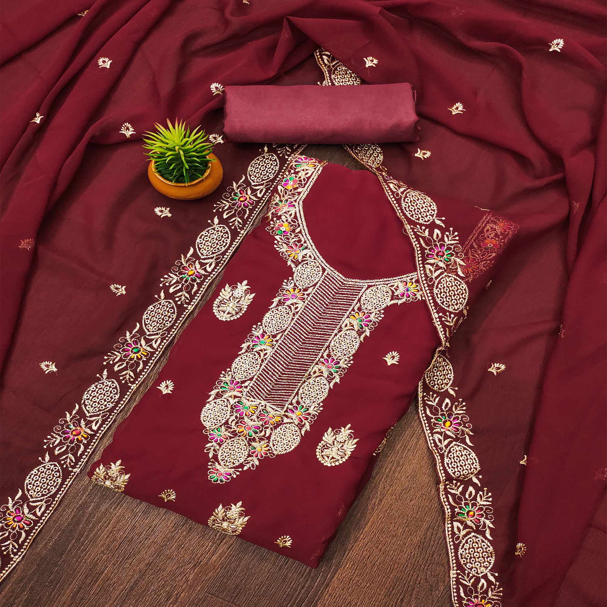 Maroon Floral Embroidered Georgette Dress Material