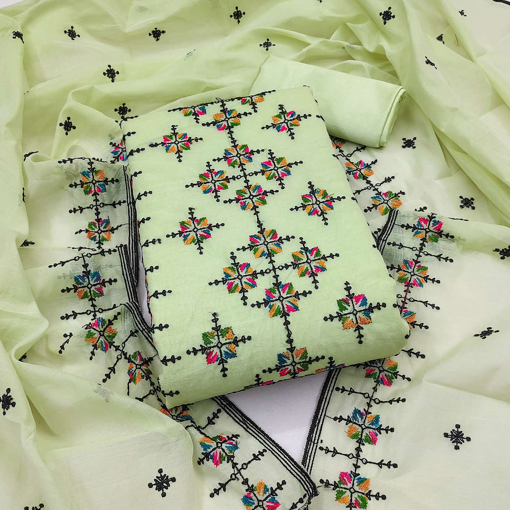 Green - Handloom Chanderi Silk Thread Work 3pc Unstitched Dress Material 28