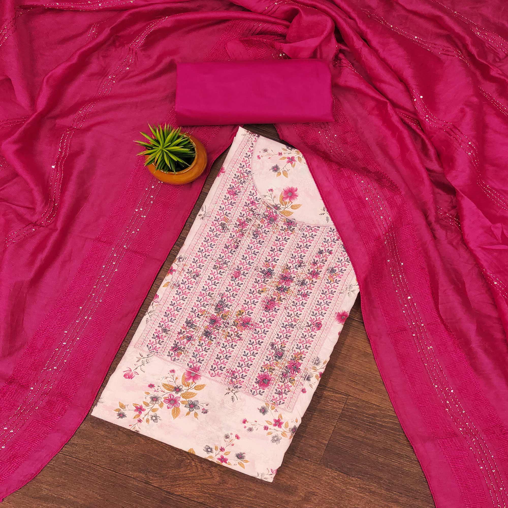 White & Rani Pink Cotton Blend Dress Material With Floral Digital Print & Embroidery