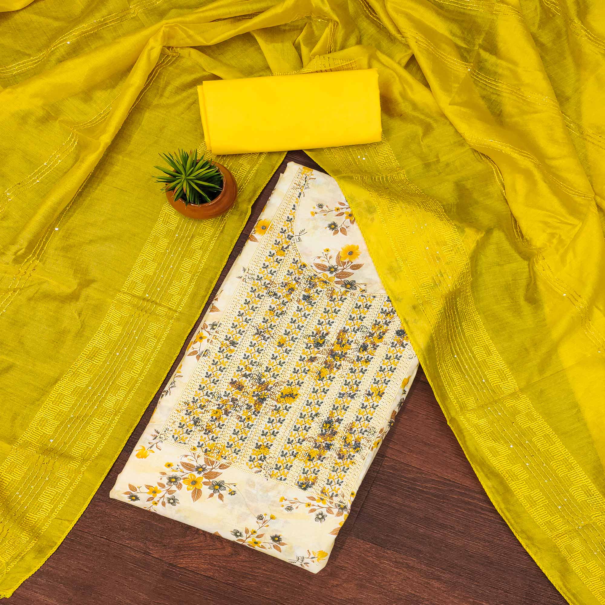 White & Yellow Cotton Blend Dress Material With Floral Digital Print & Embroidery