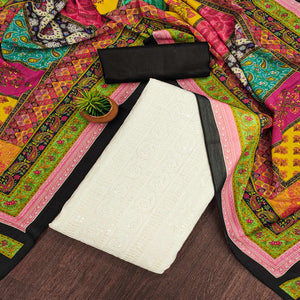 White & Black Cotton Blend Dress Material With Elegant Schiffli & Sequins Work