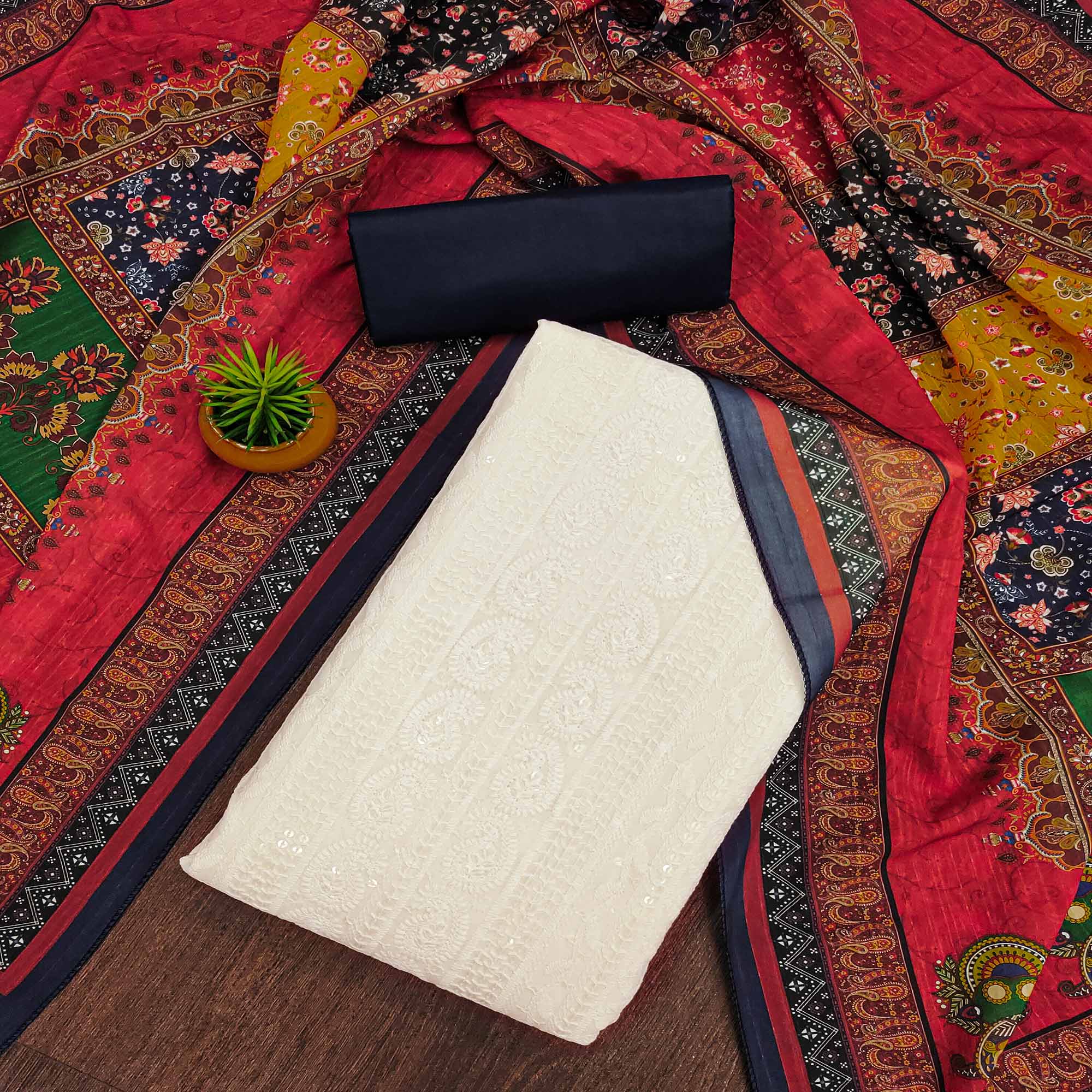 White & Blue Cotton Blend Dress Material With Elegant Schiffli & Sequins Work