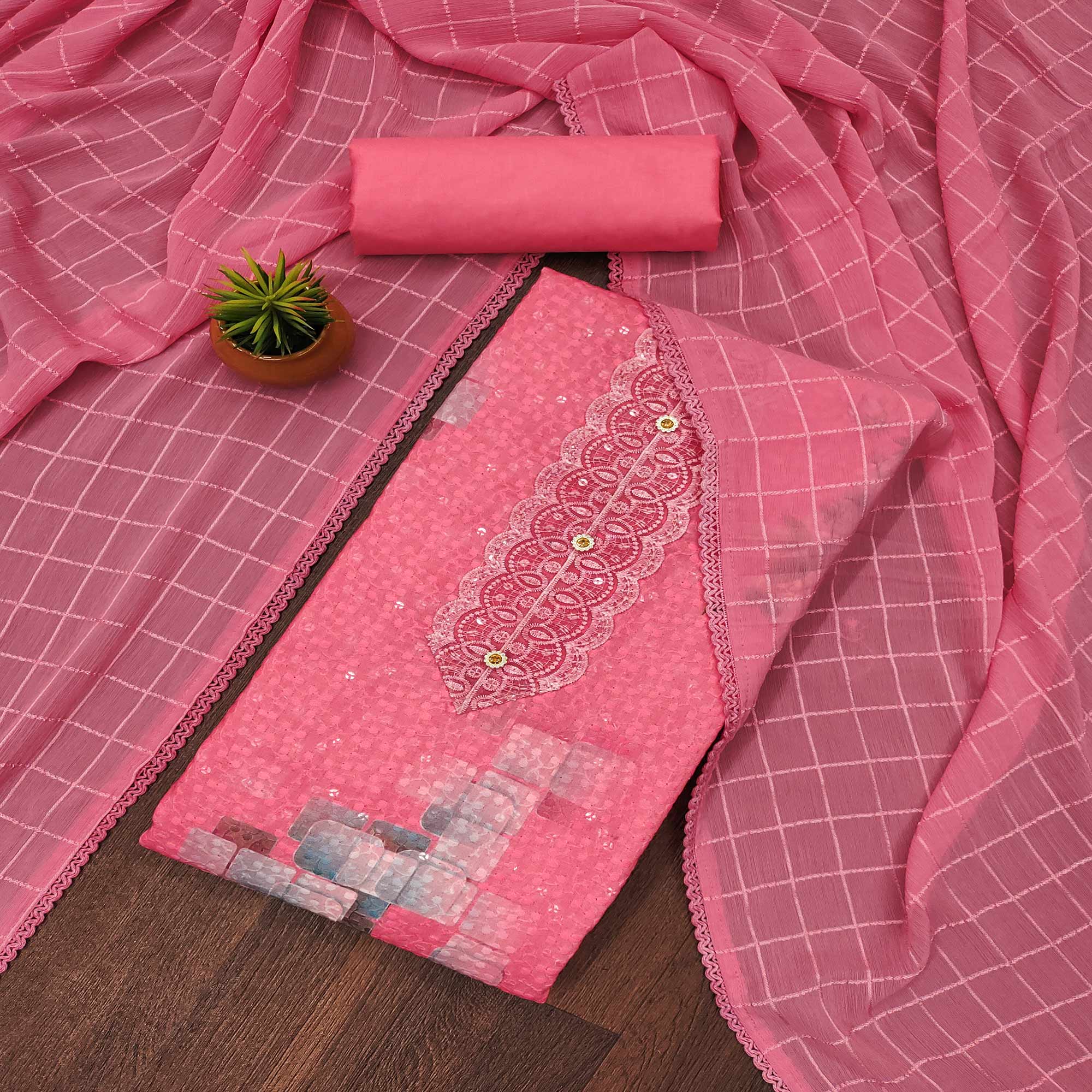 Pink Schiffli Embroidered Cotton Blend Dress Material With Floral Digital Print