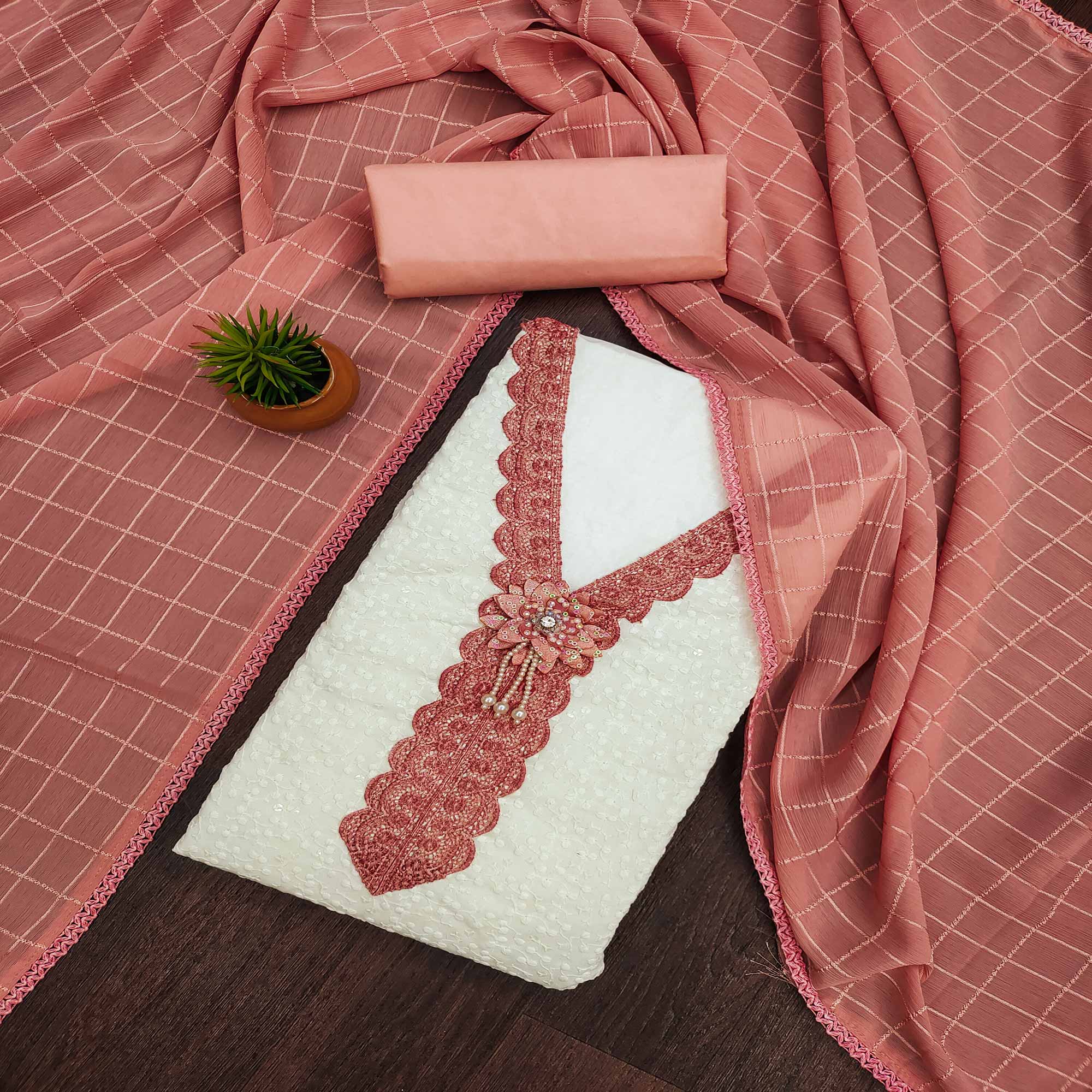 White & Dusty Peach Cotton Blend Dress Material With Elegant Schiffli & Sequins Work