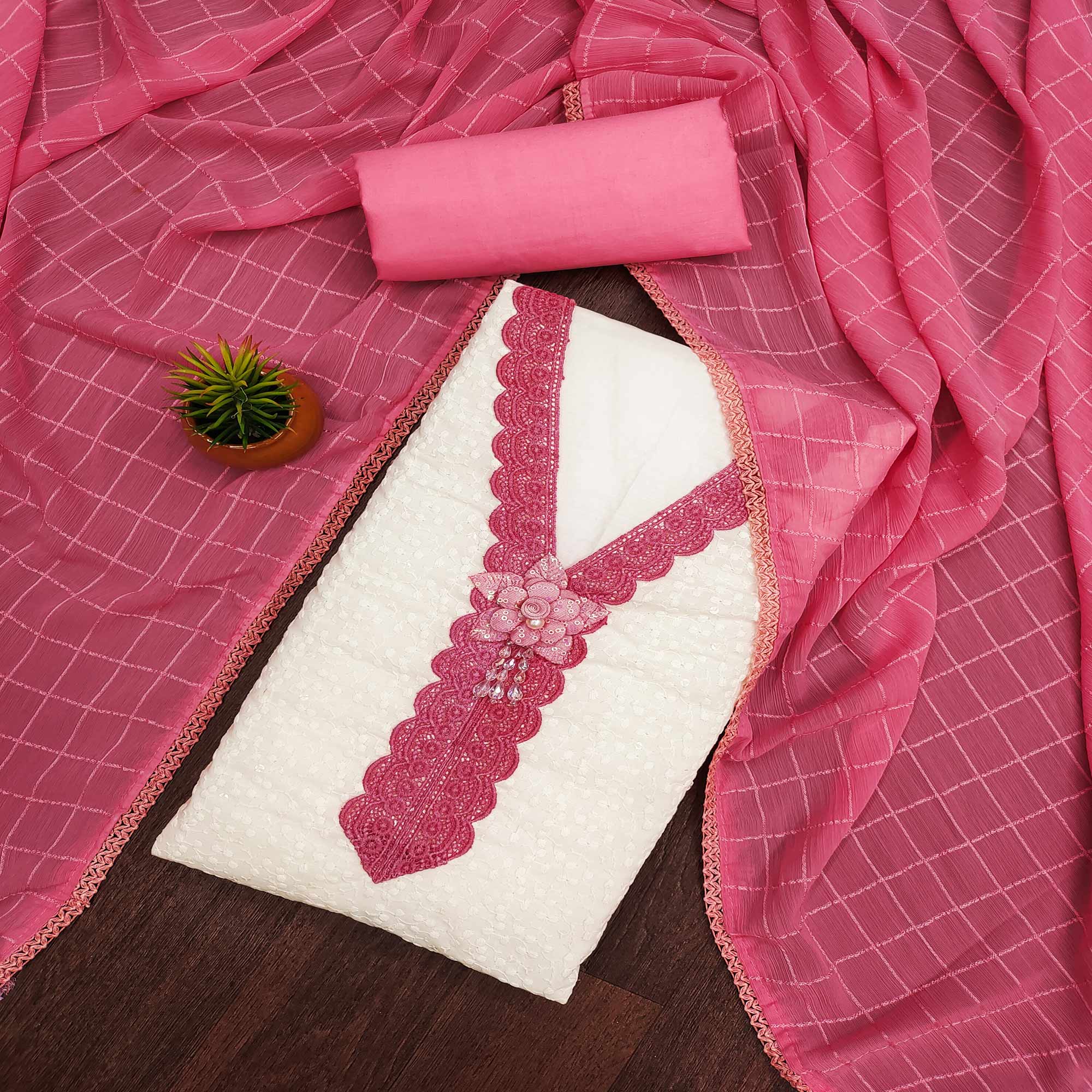 White & Pink Cotton Blend Dress Material With Elegant Schiffli & Sequins Work