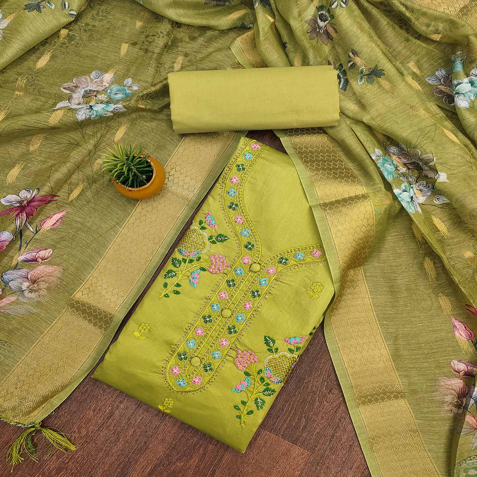 Elegant Green Pure Cotton Dress Material Showcasing Fine Floral Embroidery & Swarovski Work