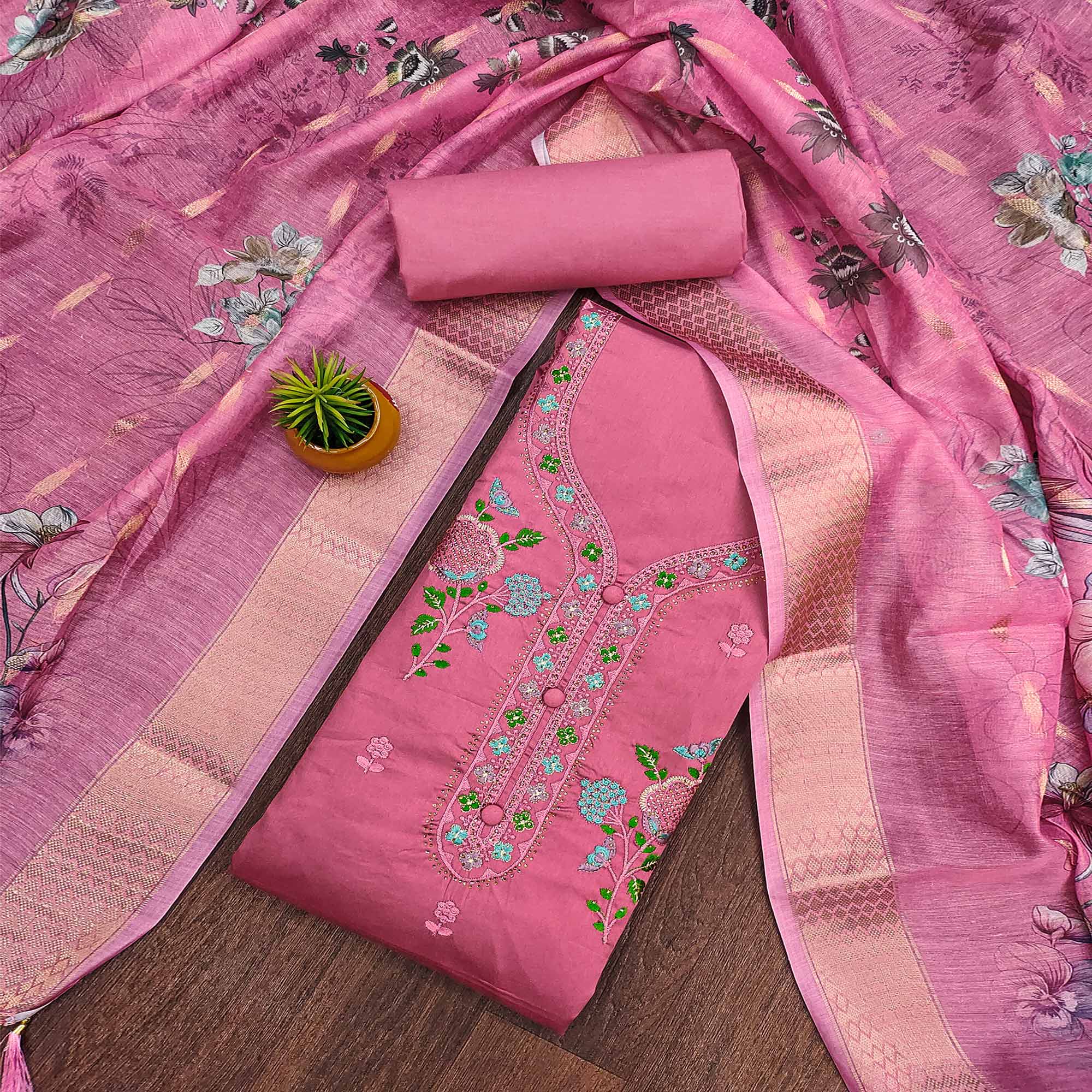 Elegant Pink Pure Cotton Dress Material Showcasing Fine Floral Embroidery & Swarovski Work