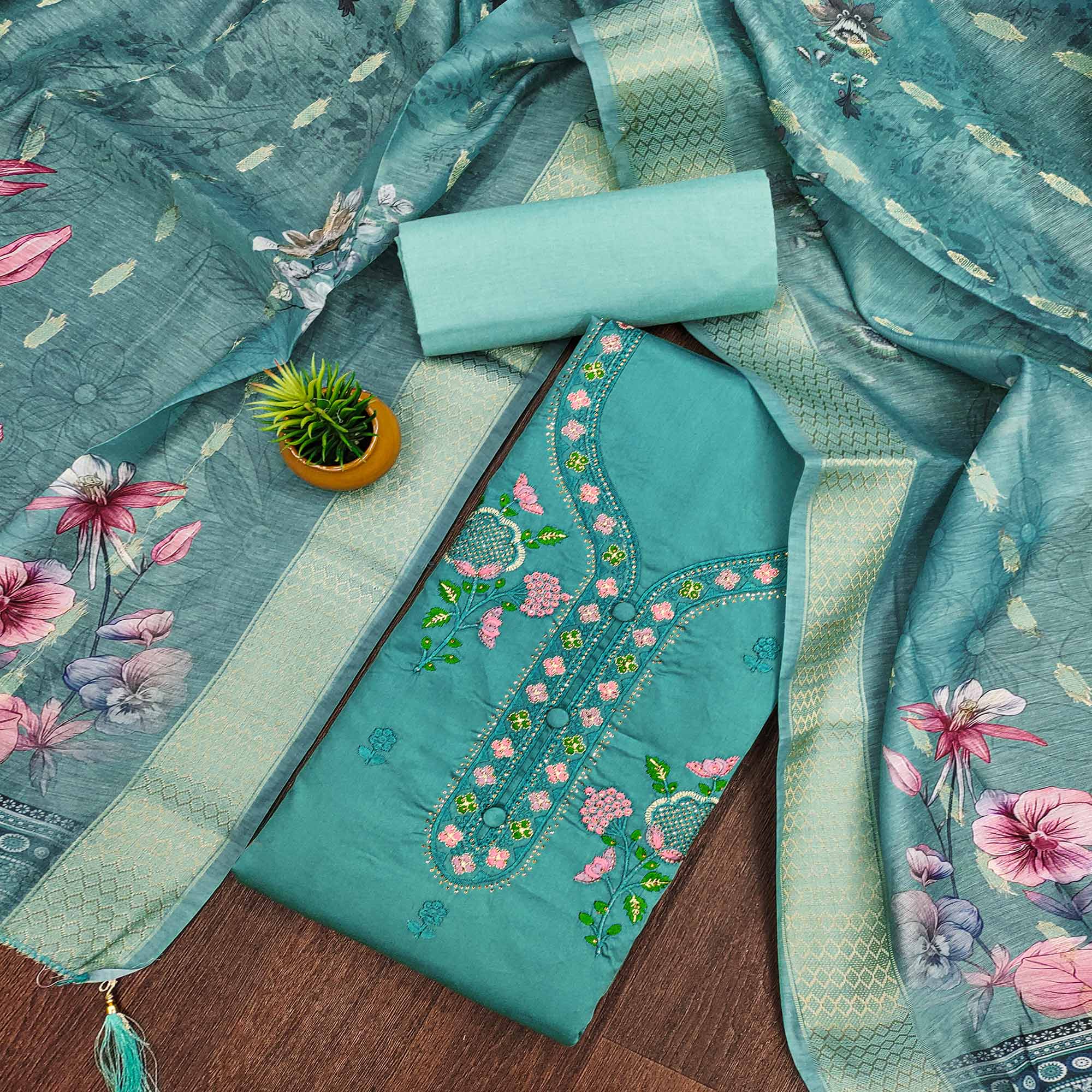 Elegant Turquoise Pure Cotton Dress Material Showcasing Fine Floral Embroidery & Swarovski Work