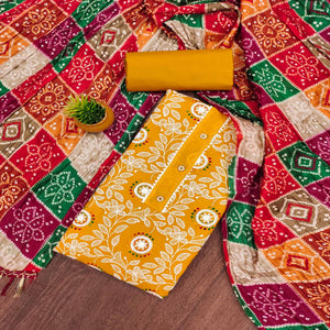 Mustard Floral Embroidered Cotton Blend Dress Material