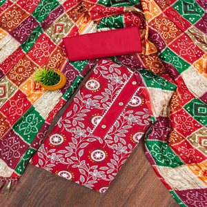 Red Floral Embroidered Cotton Blend Dress Material