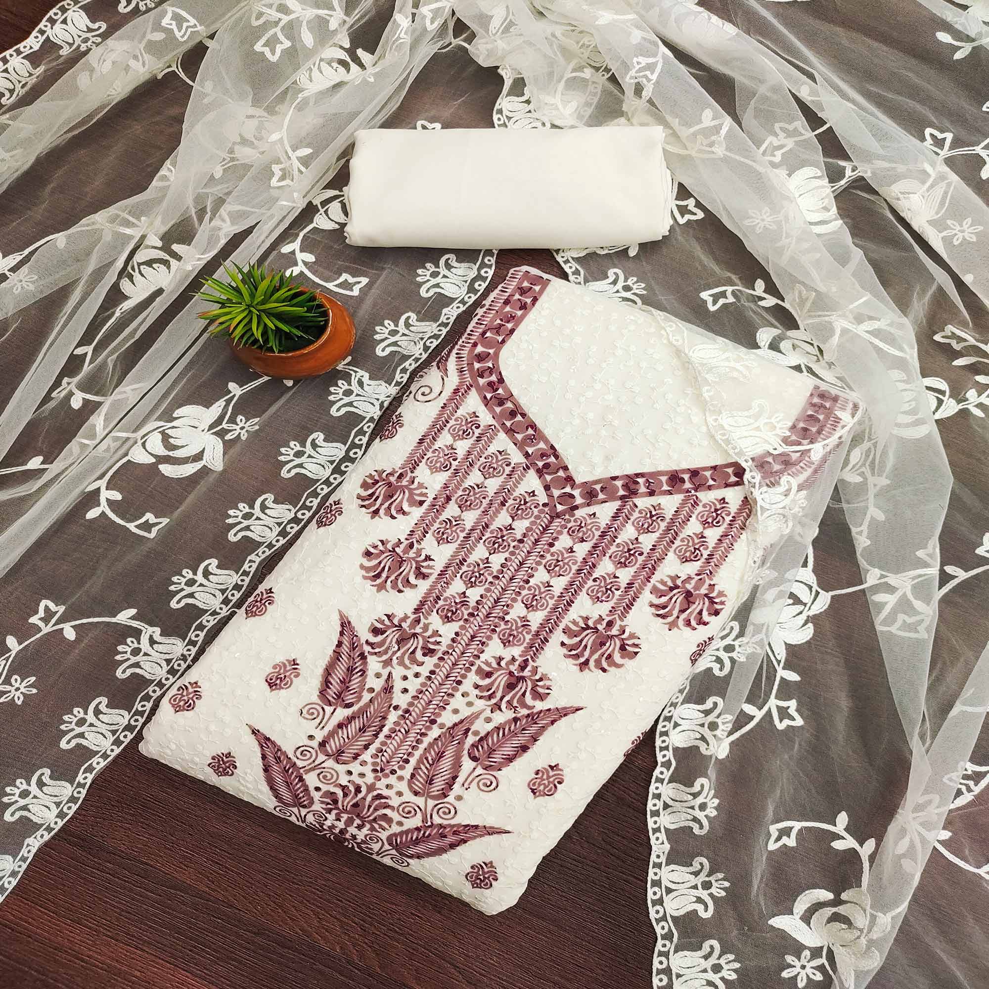 White & Wine Schiffli Embroidered Georgette Dress Material With Floral Digital Print