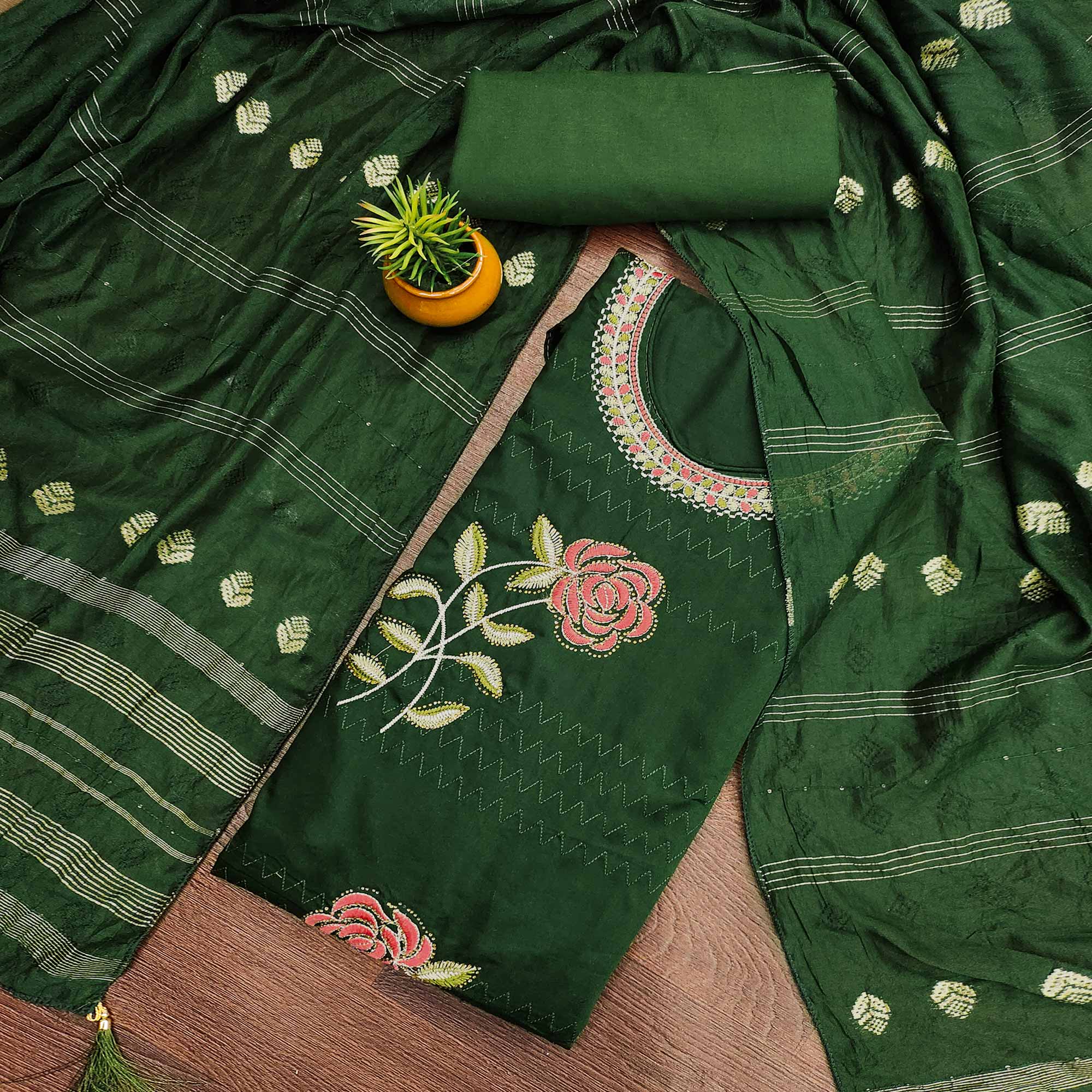 Green Cotton Blend Dress Material Adorned With Swarovski Accents and Floral Threadwork
