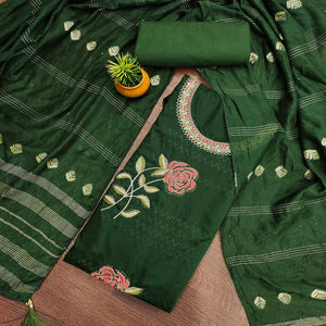 Green Cotton Blend Dress Material Adorned With Swarovski Accents and Floral Threadwork