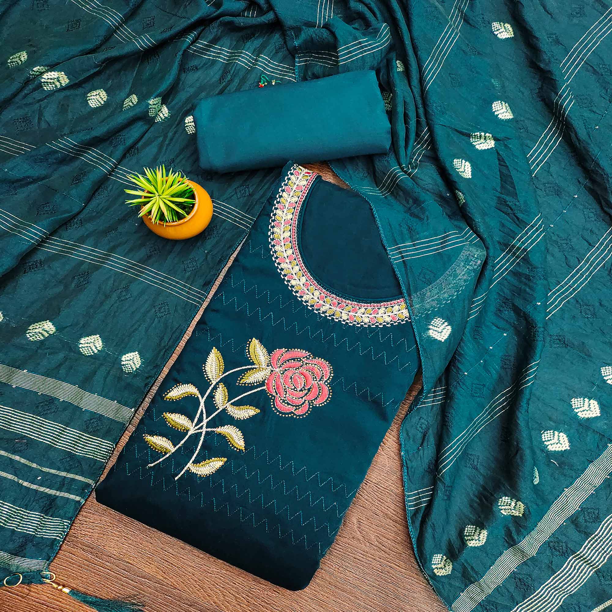 Teal Cotton Blend Dress Material Adorned With Swarovski Accents and Floral Threadwork