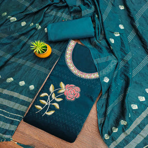 Teal Cotton Blend Dress Material Adorned With Swarovski Accents and Floral Threadwork