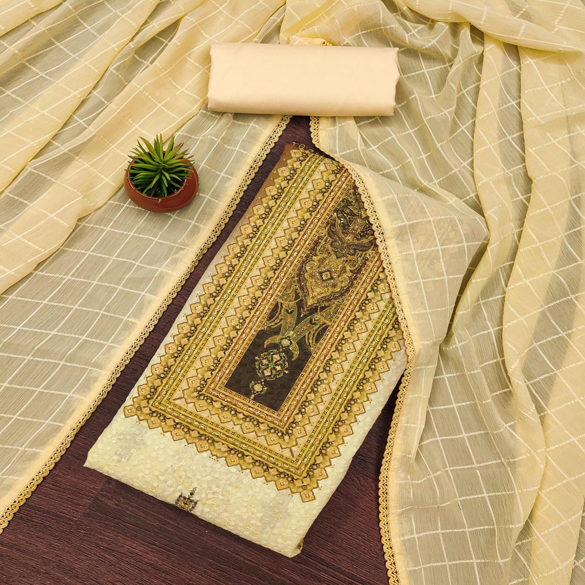 Yellow Cotton Blend Dress Material With Elegant Schiffli Work & Artistic Digital Print