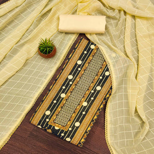 Yellow Cotton Blend Dress Material With Schiffli Embroidery & Floral Digital Print