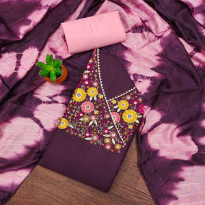 Wine Cotton Blend Dress Material With Floral Thread Embroidery