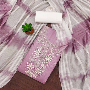 Onion Pink Floral Sequins Embroidered Cotton Silk Dress Material