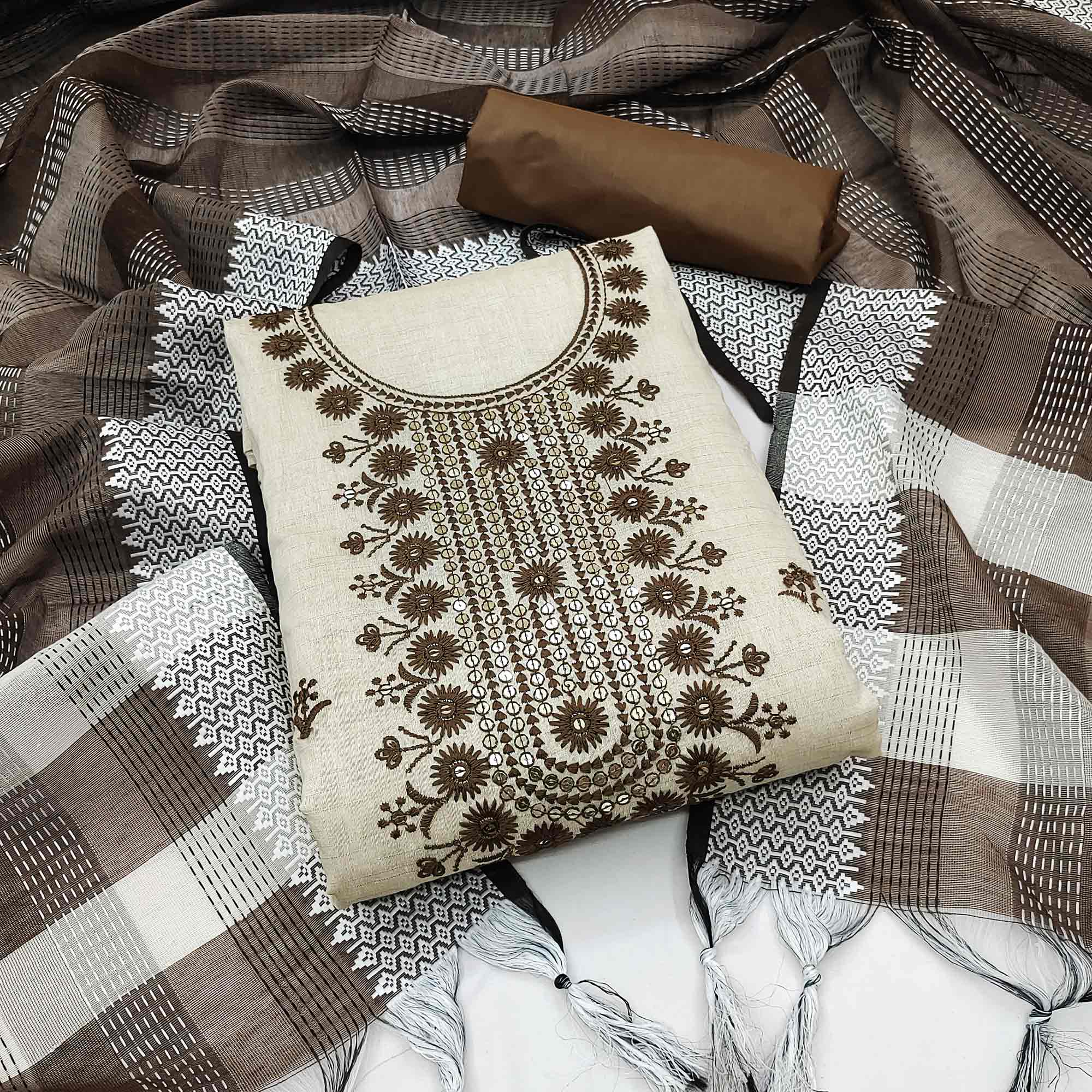 Cream & Brown Floral Sequins Embroidered Cotton Blend Dress Material