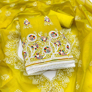 Green Chanderi Cotton Dress Material with Elegant Floral Thread Embroidery
