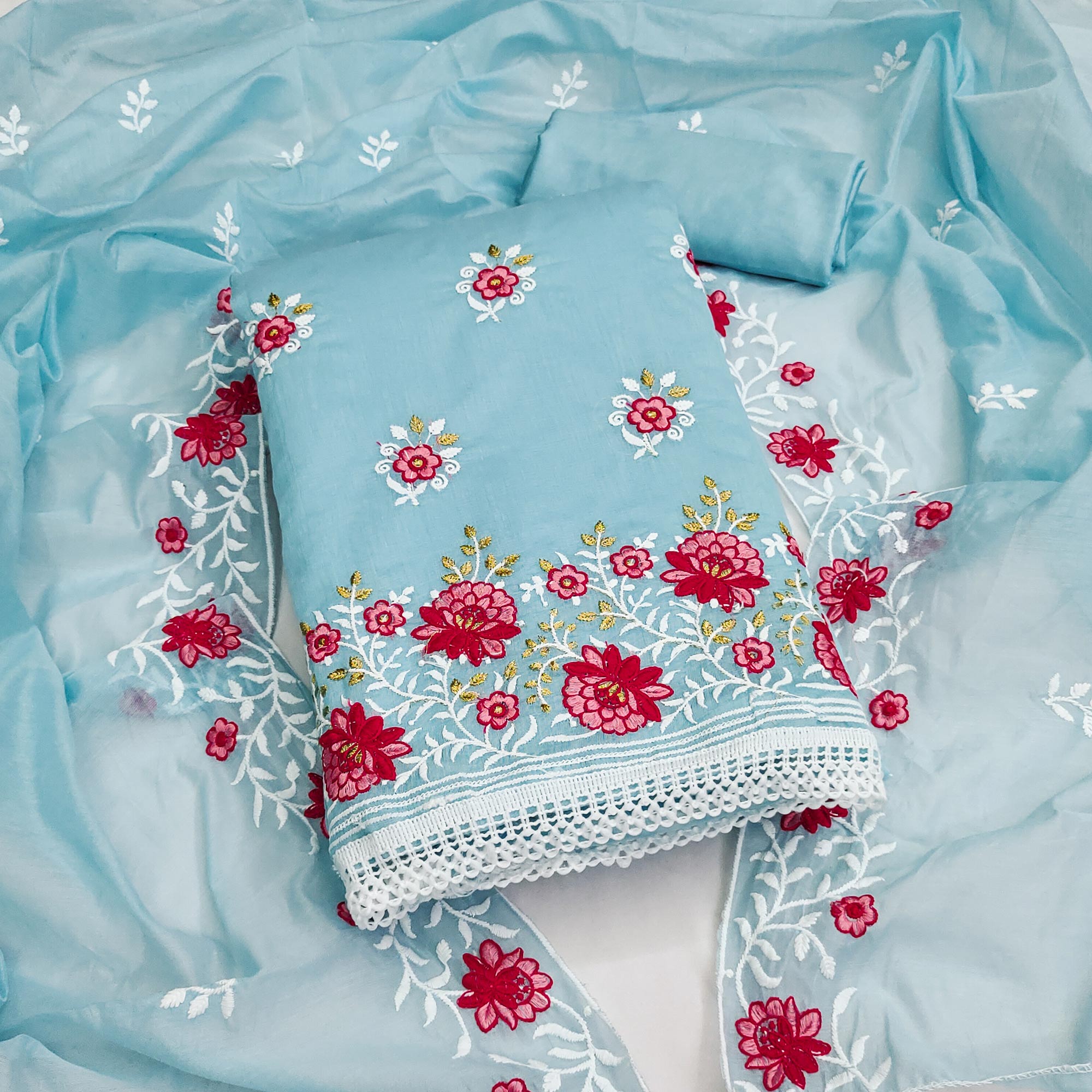 Blue Floral Embroidered Chanderi Cotton Dress Material