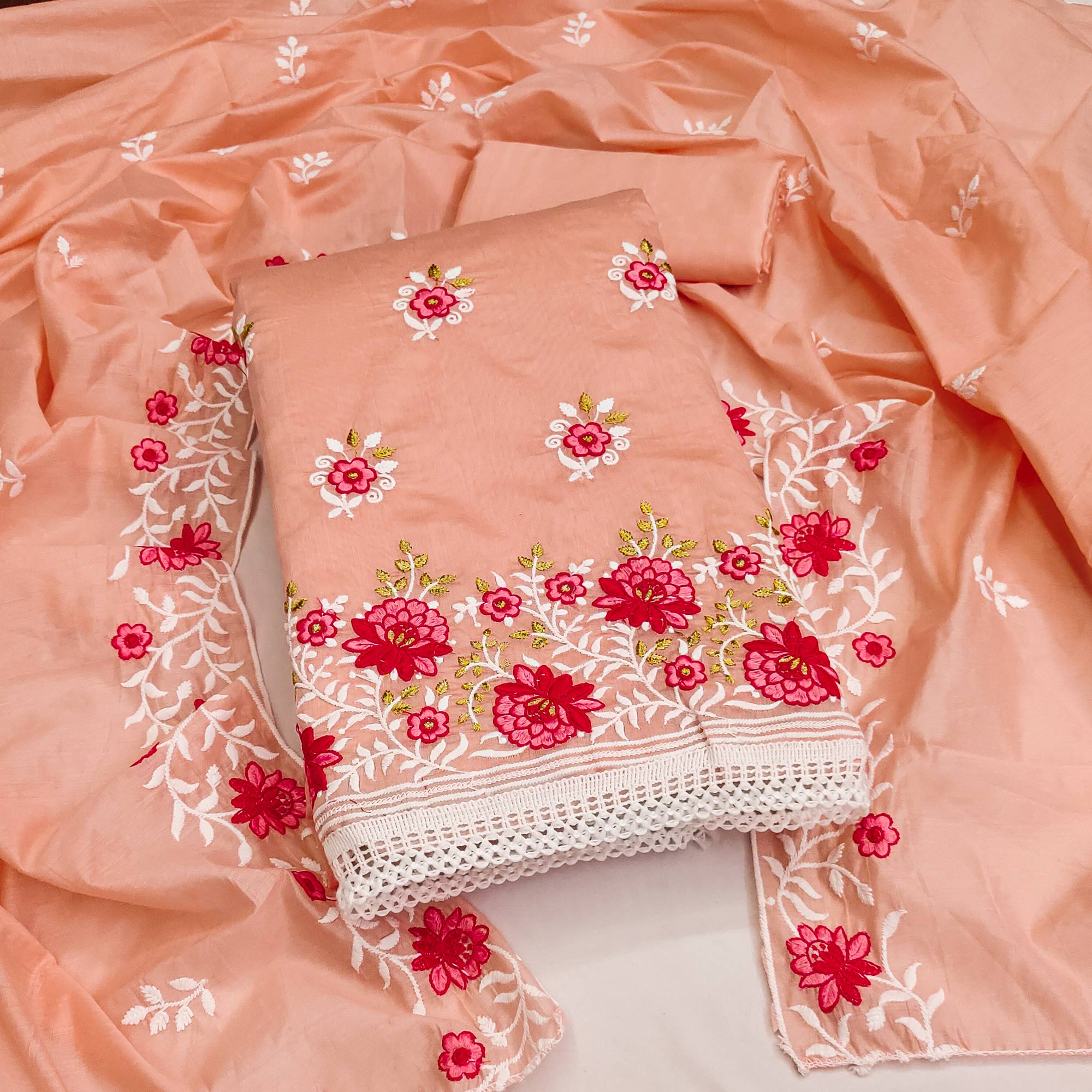 Peach Floral Embroidered Chanderi Cotton Dress Material