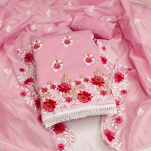 Pink Floral Embroidered Chanderi Cotton Dress Material