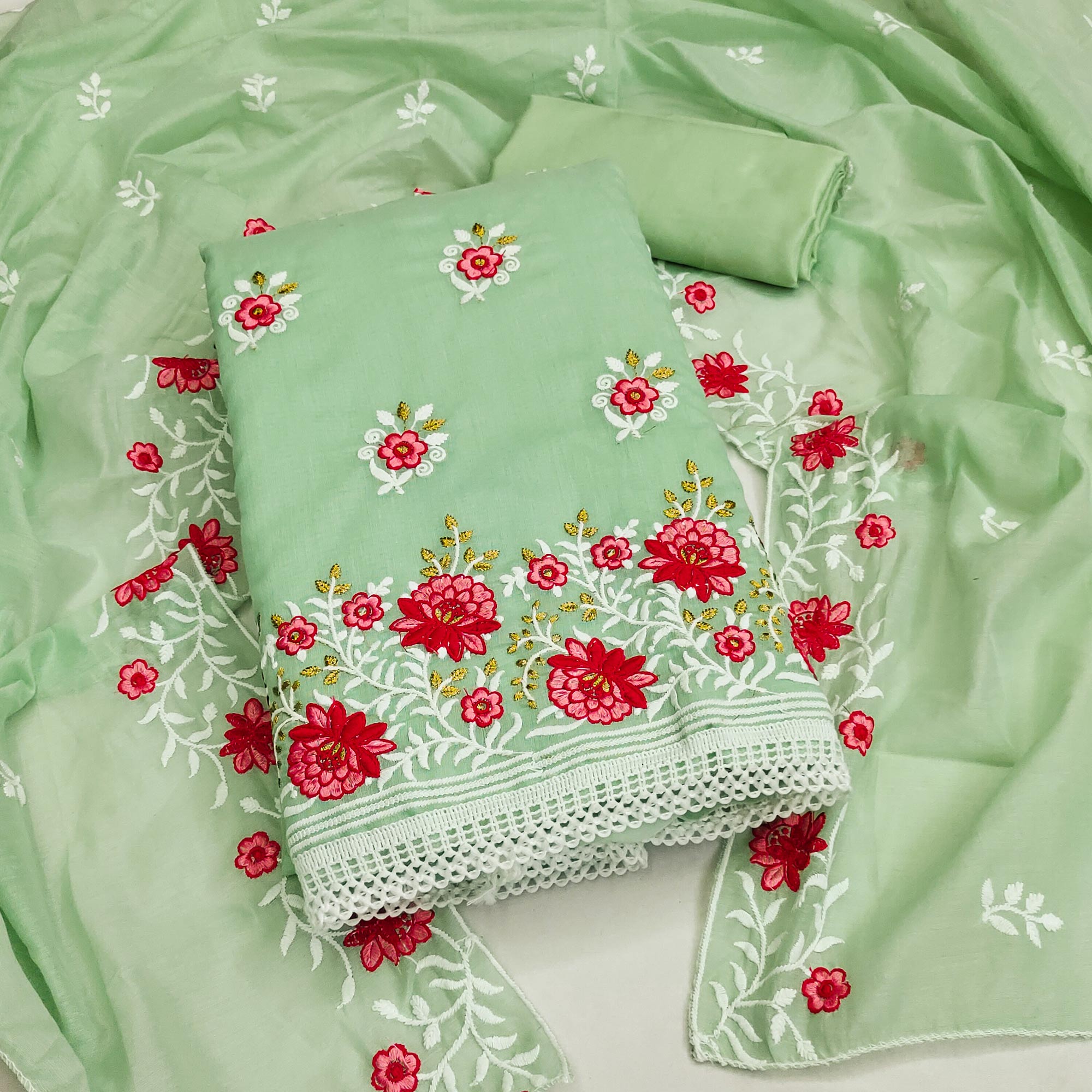 Pista Green Floral Embroidered Chanderi Cotton Dress Material