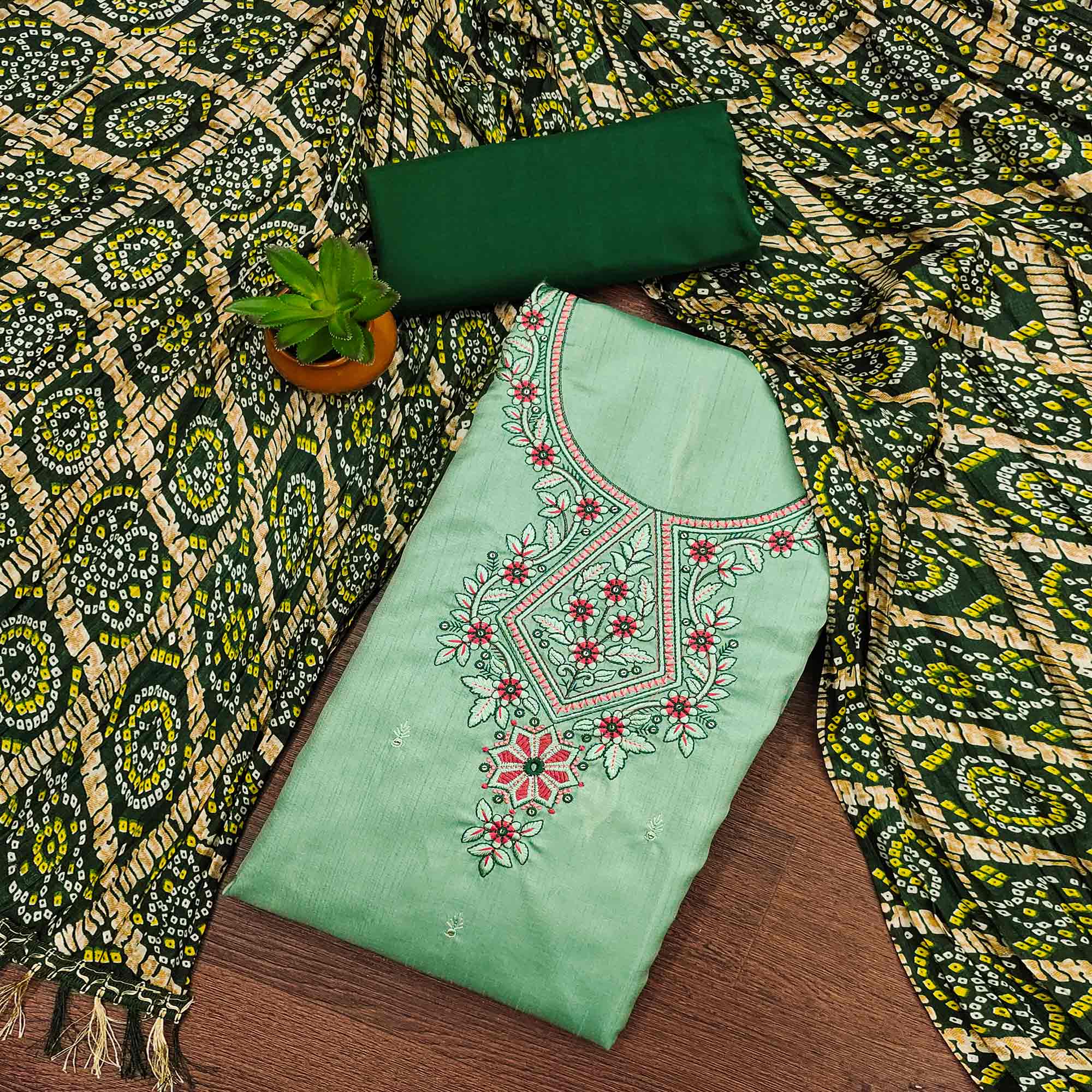Sea Green Floral Sequins Embroidered Cotton Silk Dress Material