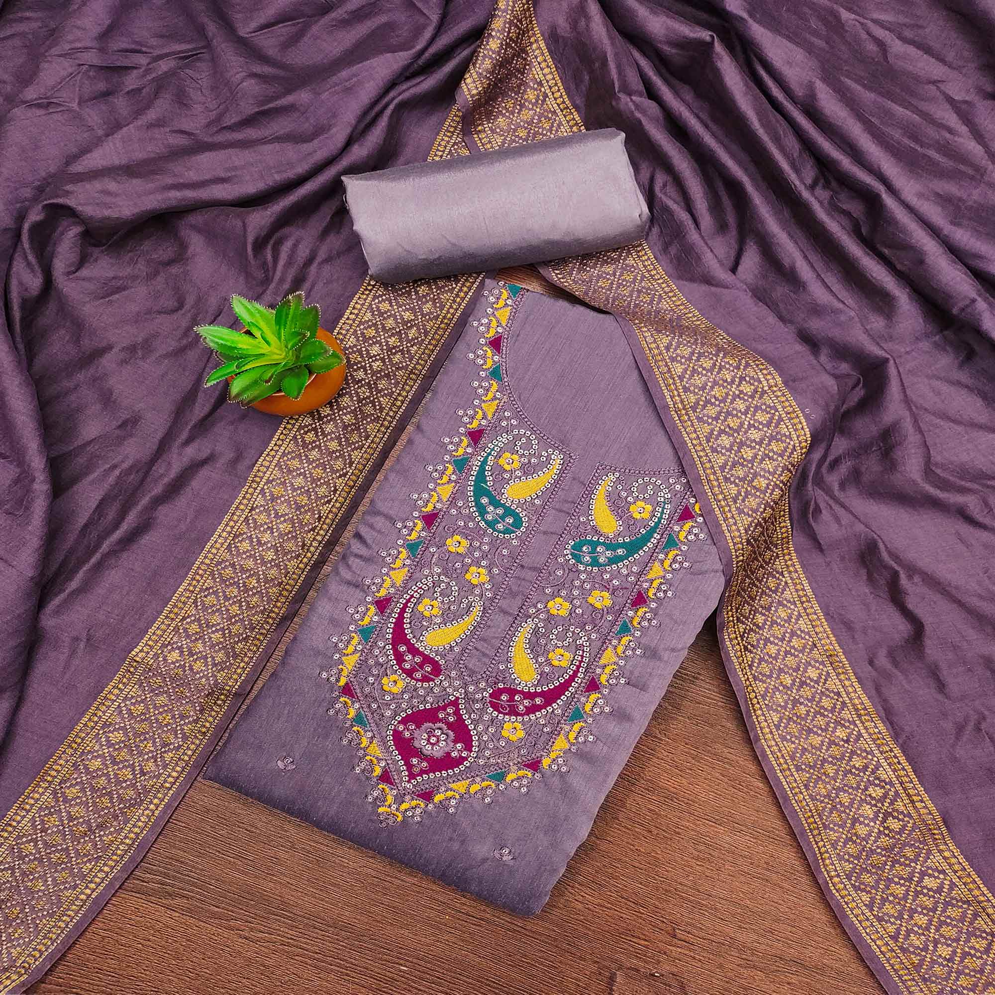 Purple Floral Sequins Embroidered Cotton Silk Dress Material