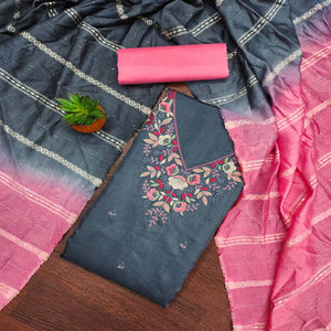 Grey Floral Sequins Embroidered Cotton Silk Dress Material