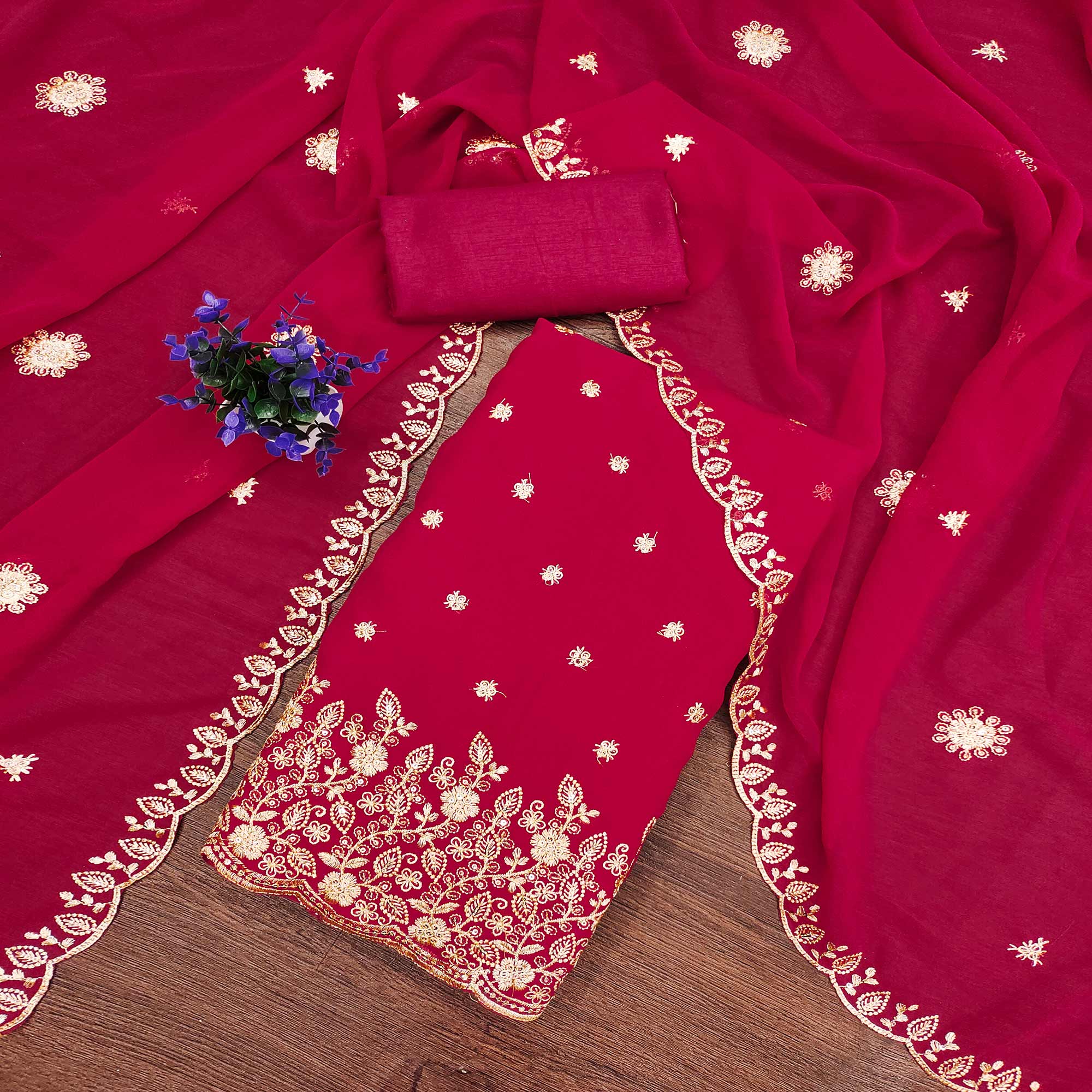 Pink Floral Sequins Embroidered Georgette Dress Material