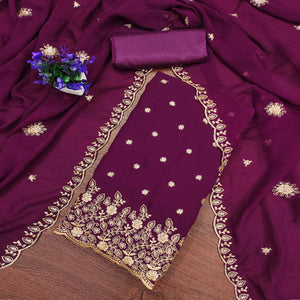 Wine Floral Sequins Embroidered Georgette Dress Material