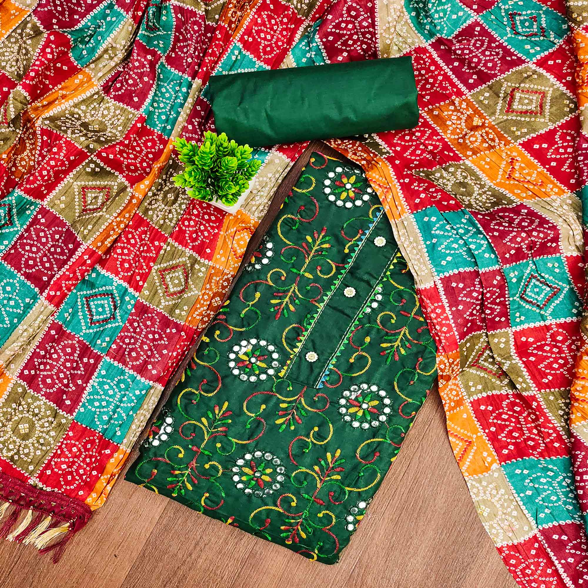 Green Floral Thread Embroidered Dress Material In Soft Cotton Blend