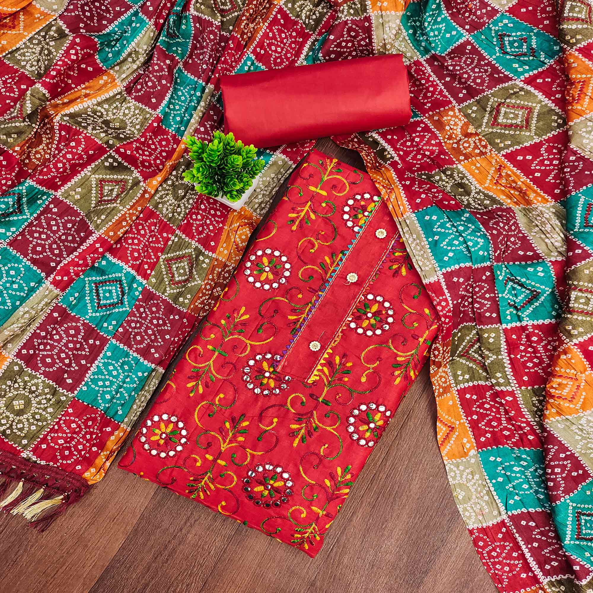 Red Floral Thread Embroidered Dress Material In Soft Cotton Blend
