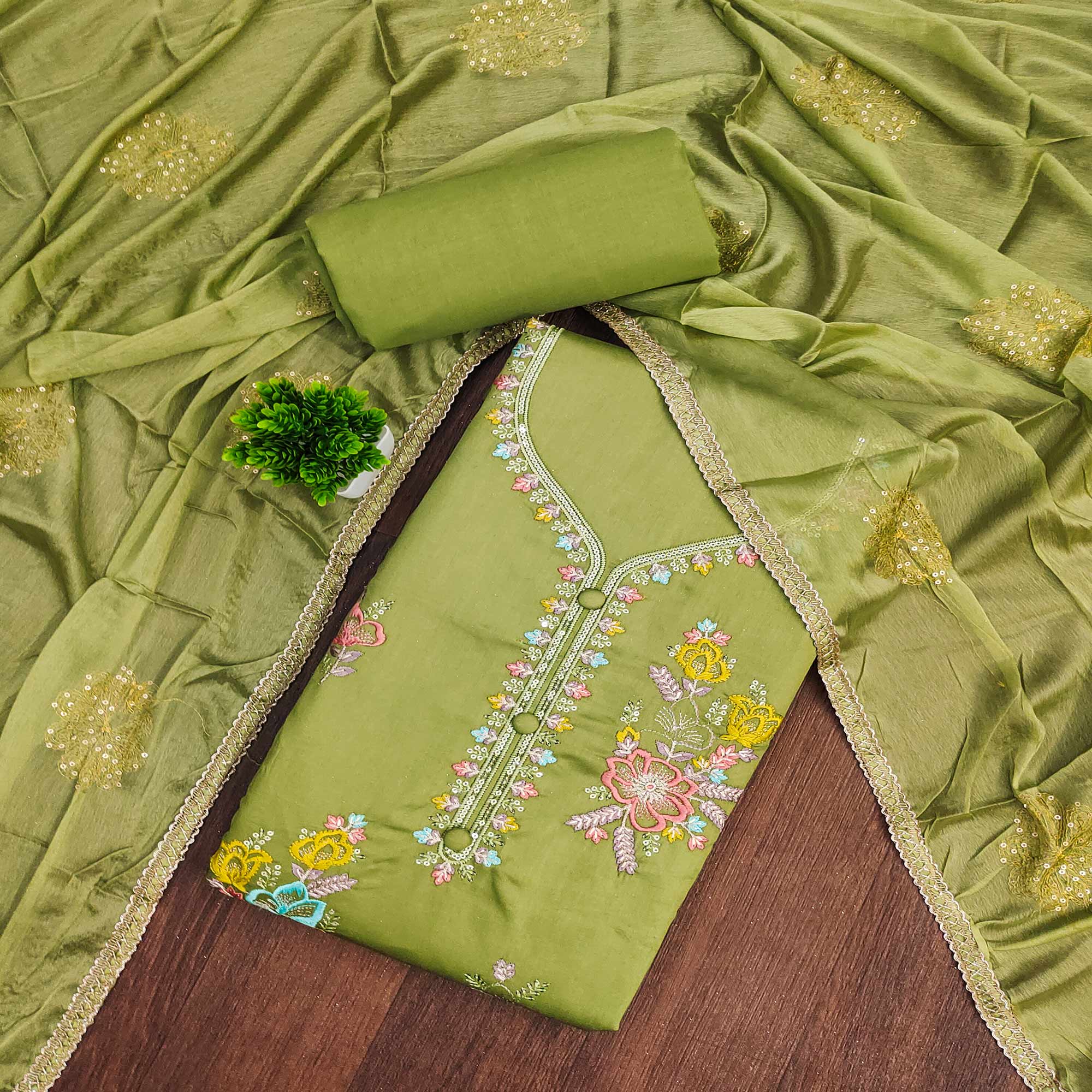 Breathable Pure Cotton Dress Material in Green with Floral Designs