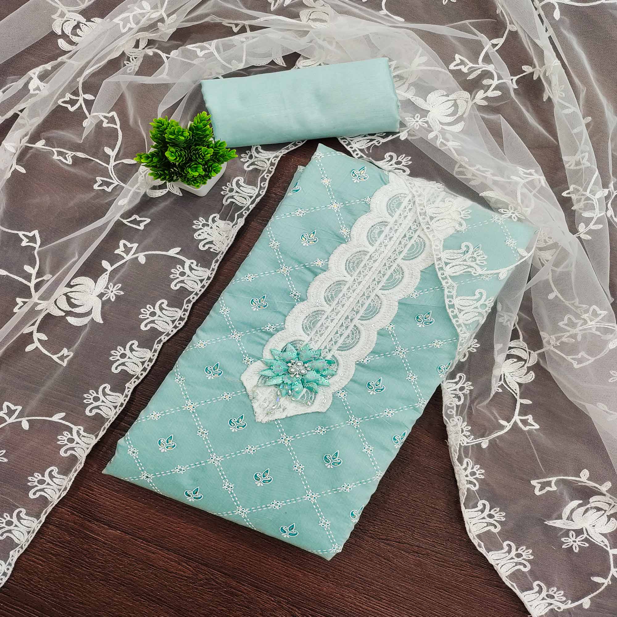 Sea Green Unstitched Dress Material Featuring Fine Floral Embroidery on Chanderi Silk