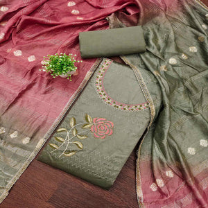 Dark Sage Green Suit Material in Cotton Blend with Beautifully Embroidered Floral Patterns
