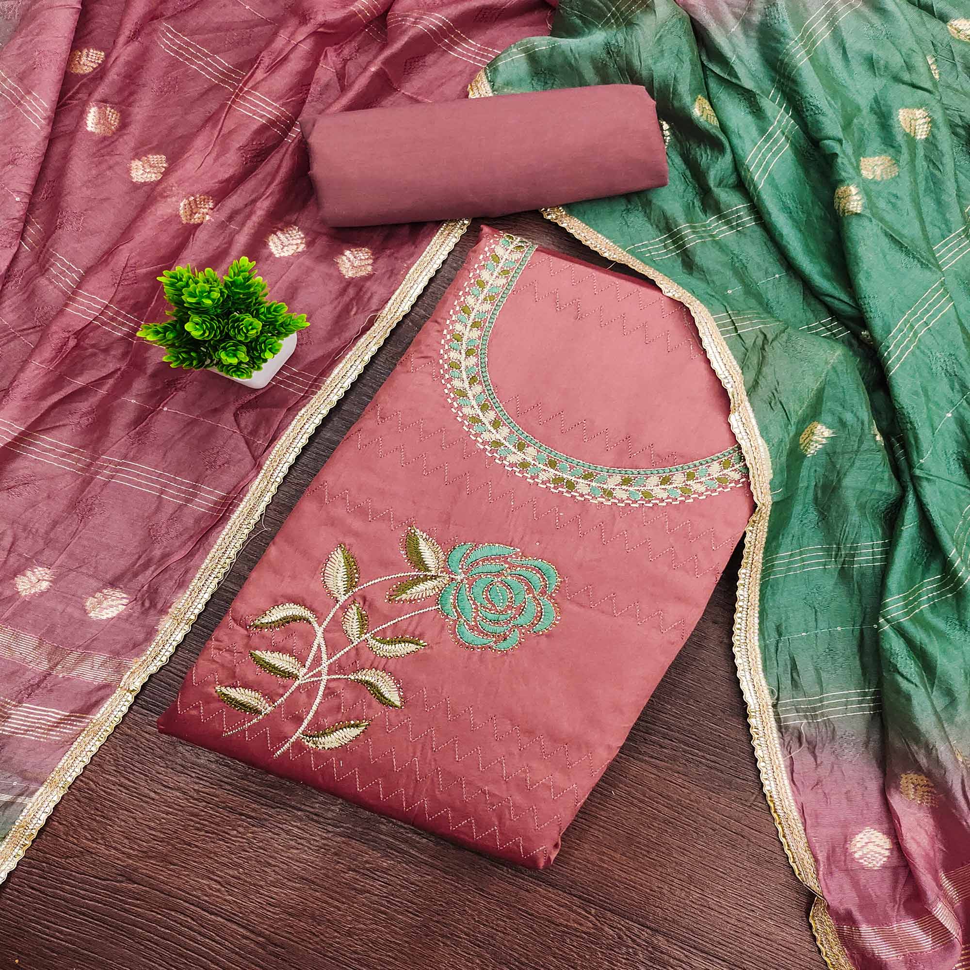 Peach Suit Material in Cotton Blend with Beautifully Embroidered Floral Patterns