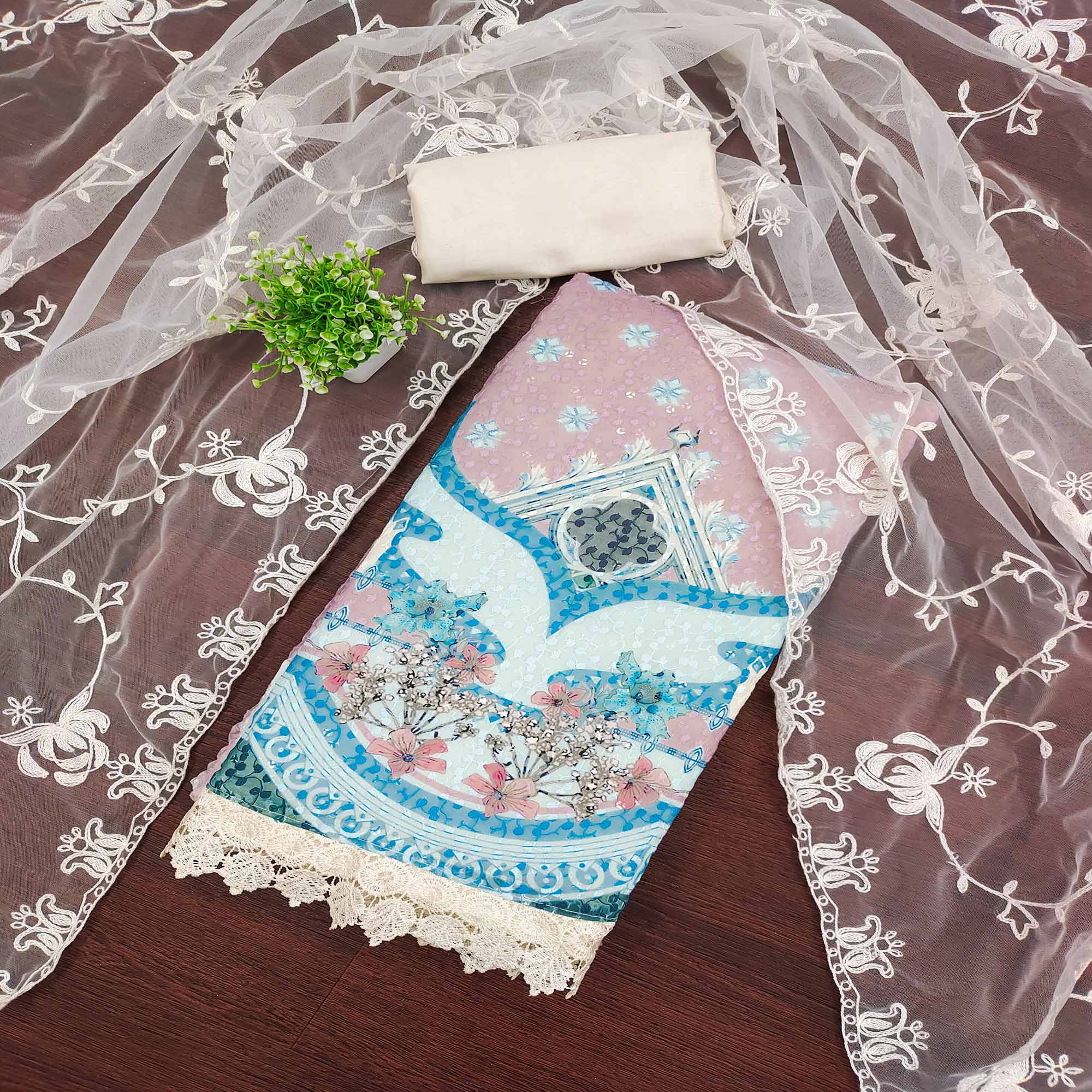 Cream & Dusty Pink Georgette Suit Fabric Adorned with Elegant and Delicate Schiffli Embroidery