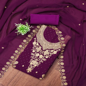 Purple Georgette Dress Material With Intricate Thread And Stone Work Embroidery