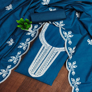 Blue Intricate Floral Embroidered Cotton Blend Dress Material