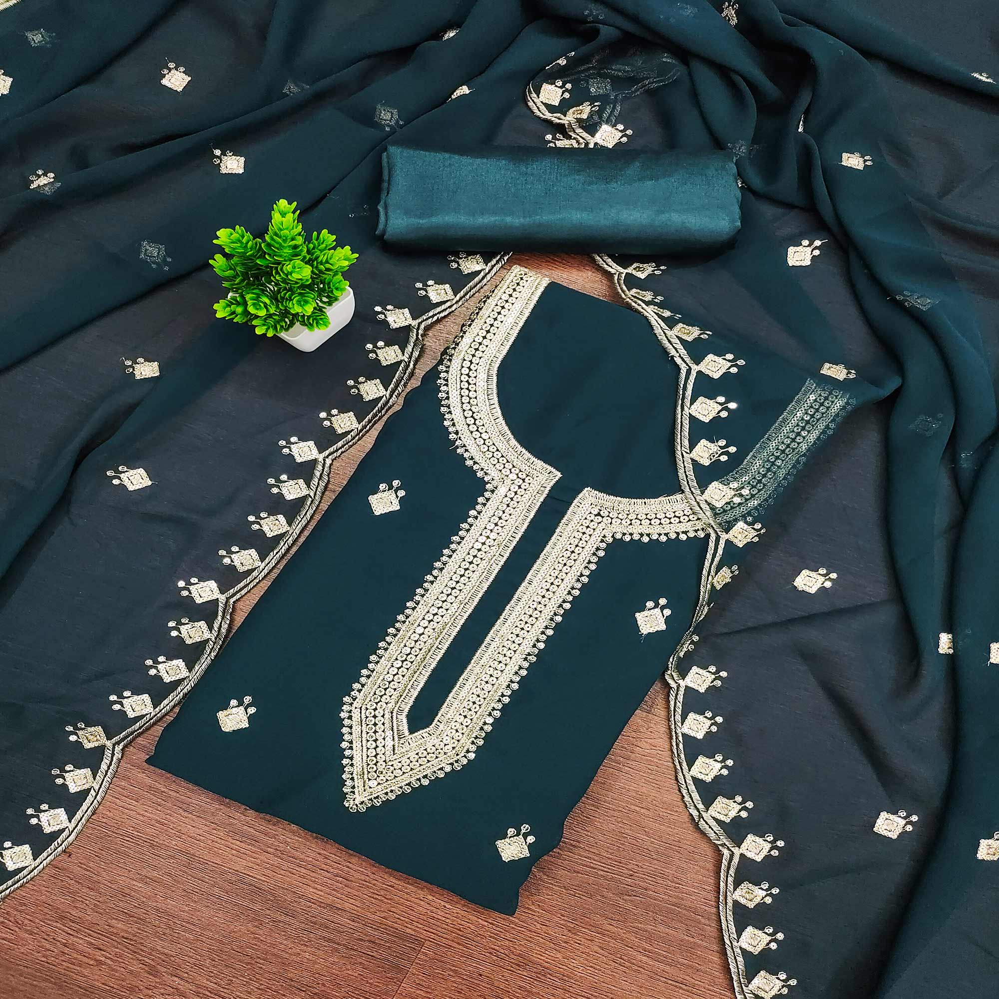 Rich Teal Georgette Dress Material With Dazzling Sequins Embroidery