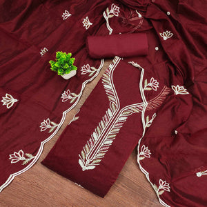 Rich Maroon Chanderi Cotton Dress Material With Exquisite Floral Thread Embroidery & Sequins Work