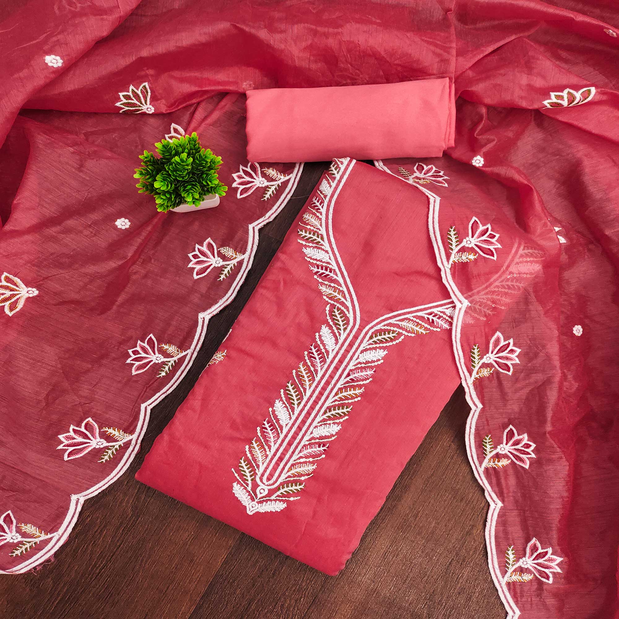 Graceful Pink Chanderi Cotton Dress Material With Floral Thread Embroidery & Sequins